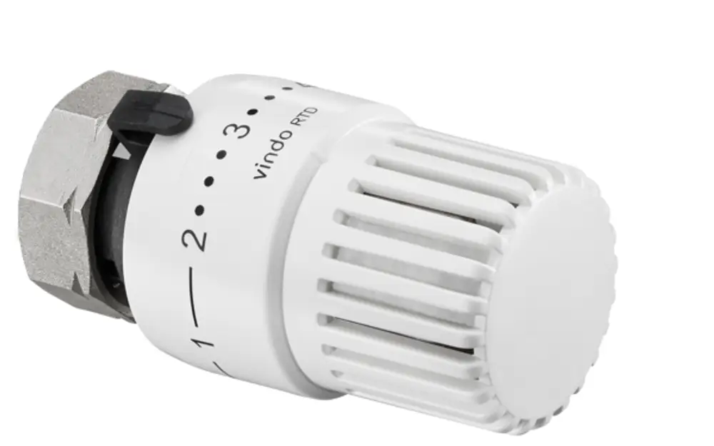 Weißer Thermostat von Oventrop mit Klemmverbindung, 7-28 C, Flüssigkeitsfühler und Einstellskala, geeignet für spezifische Thermostatventile.